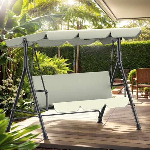 Hollywoodschaukel Gartenschaukel mit Verstellbarem Sonnendach, Sitzpolster & Stahlgestell, 193x110x152cm, Schaukelbank für Garten & Terrasse, Bis 200 kg Belastbar, Outdoor Geeignet, Elfenbein