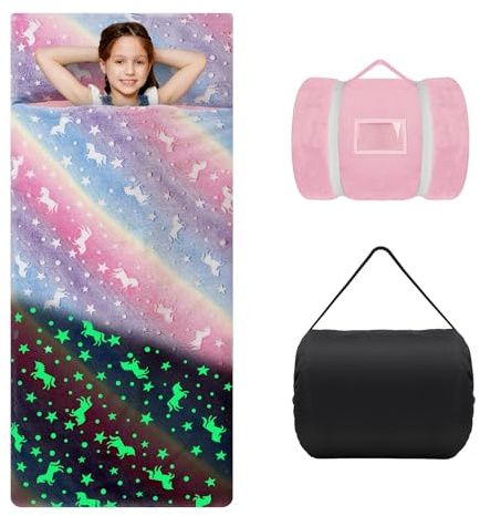 Cálida Alfombrilla de Siesta para Niños Pequeños con Almohada Extraíble, Saco de Dormir Luminoso para Niñas y Niños, Bolsa de Dormir con Cremallera para Camping Siesta, 170×75cm Unicornio