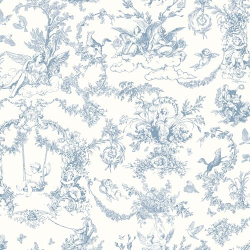 Yomshi Blau Selbstklebende Tapete Engelbaum und Tiere Kunststoff-Vinyl-Rollenfolie im Vintage-Gartenstil Kontaktpapier Abnehmbare Möbelaufkleber für Schlafzimmer, Wohnzimmer und Schränke 44cm × 10m