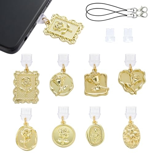 WEWAYSMILE 8 tapones antipolvo tipo C para teléfono con dijes de flores de aleación para la mayoría de teléfonos celulares tipo C, USB C, portátiles, dispositivos de lectura