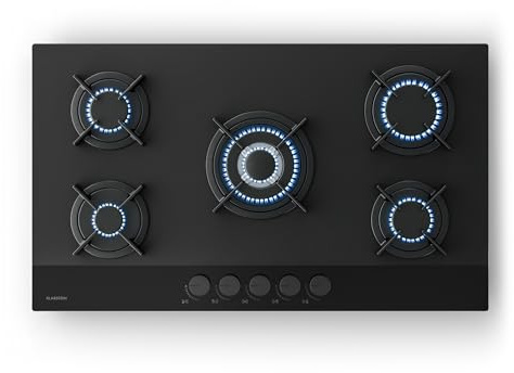 Klarstein Velaire Plaque de Cuisson Gaz 5 Feux - 10400W, Verre, Allumage Électrique, Sécurité Anti-Flamme, Compatible GPL & Gaz Naturel, 90cm, Kit Tuyau & Régulateur