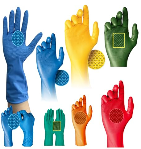 Household Kitchen Cleaning Gloves | Non Slip Fish Scale Grip | Super Strong | Comfortable | Cleaning | Kitchen | Bathroom | Dishwashing | DIY | Gardening | Multipurpose | Powder & Latex Free | 4 Pack