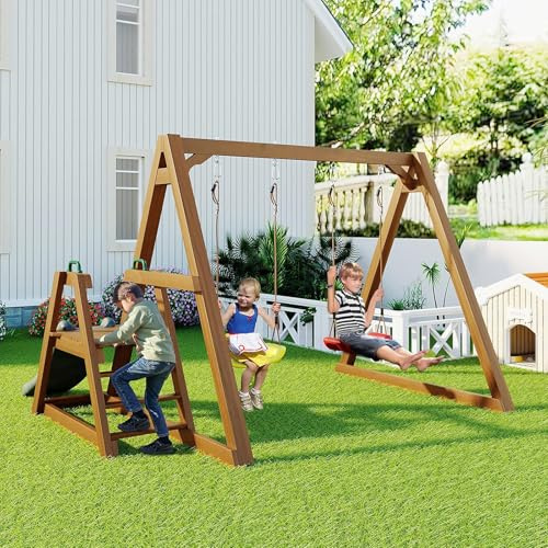 Gungställning för utomhusbruk med rutschkana och klätterstege för barn från 3 år, gungställning i massivt trä, lekplats i trä med 2 gungstolar