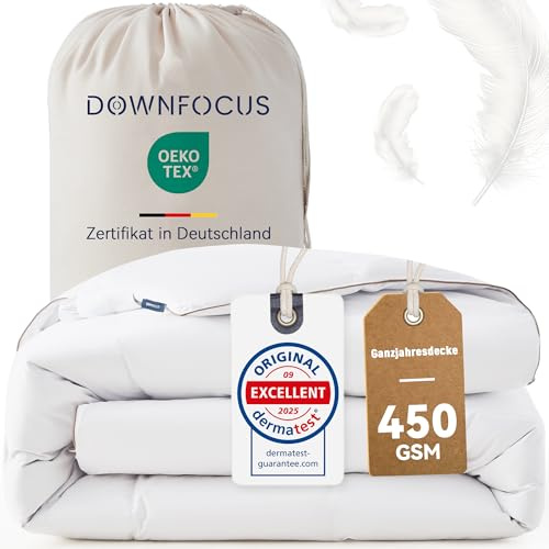 DOWNFOCUS Komfort Bettdecke 155x220 | 100% Weiche Federn & Daunen | Oeko-Tex, RDS Zertifiziert für Tierwohl | Ganzjahres Federbett Daunendecke 155x220cm Bezug aus 100% Baumwolle