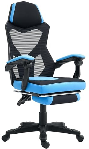 Vinsetto Silla Gaming Giratoria de Malla, Silla Gamer con Reposapiés Retráctil, Respaldo Reclinable y Alto, Altura Ajustable, Reposabrazos Acolchados, Azul