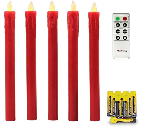 Rhytsing 5 flammenlose Led Stabkerzen Tafelkerzen Rot mit Timer Funktion, Druckknopf, Warmweißes Licht, 25cm, Fernbedienung und Batterien enthalten