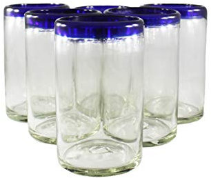 Mexican Blue Rimmed Drinking Glasses, Recycled Glass Hand Blown Heavy Thick Glassware Stemless Margarita Wine Cups Cobalt Kitchen Set of 6 Handcrafted Rustic 14 Oz