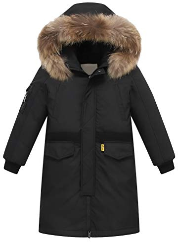 FTCayanz Enfant Garçon Manteau d'hiver Chaud Blouson Mi-Longue Doudoune avec Capuche Fourrure Epais Parka Noir 12 Ans/Hauteur 150-160cm