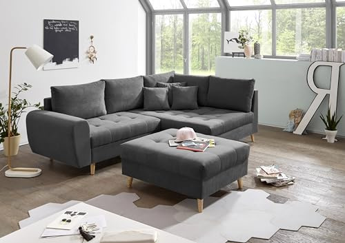 Stella Trading Alice Sgabello, Rivestimento in Tessuto Antracite, Moderno Divano angolare con Cuscini e Piedini in Legno Massiccio, ingegnerizzato, 249 x 94 x 175 cm