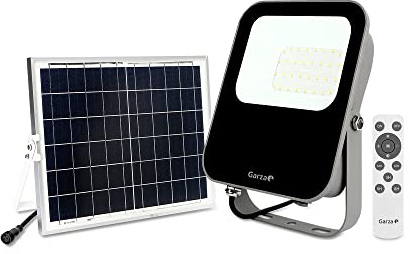Garza - Foco Solar LED para exterior, 30 W, con mando a distancia, luz fría 6500K regulable, programable, IP65 impermeable, cable de 4.7 m