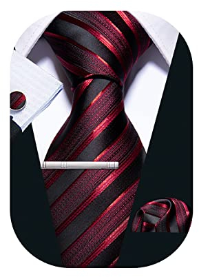 Barry.Wang Cravates d'affaires en soie pour homme avec mouchoir de poche à boutons de manchette Rayures Plaid Ensemble de cravates pour mariage festif, Noir et rouge, taille unique