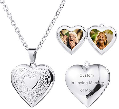 MeMeDIY Collier Médaillon Coeur Personnalisé Contient Une Texte de Gravure d'image Commémorative Photo pour Femmes Fille Maman Grand-Mère Pendentif d'amour en Acier Inoxydable(Couleur Argent)