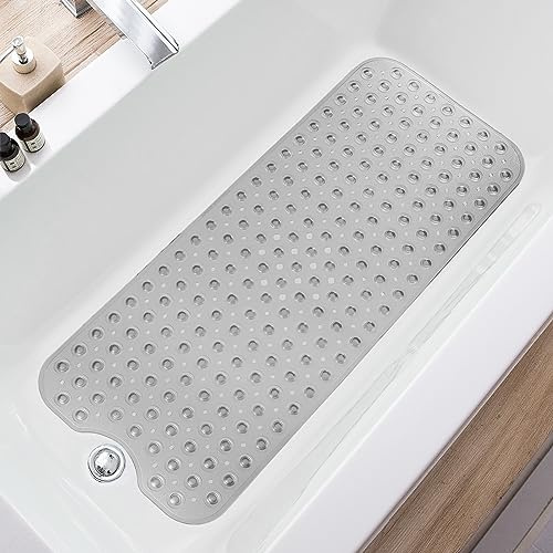 TEESHLY Bathtub Mats for Shower Tub Extra Long Non-Slip Bath Mat, Shower Mat with Drain Holes and Suction Cups, Bath Tub Mat for Bathroom with Machine Washable (Grey Translucen)