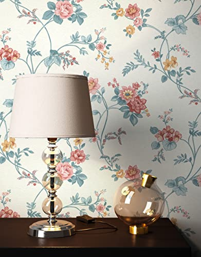 Newroom Vliestapete Weiß Blumentapete Landhaus Wohnzimmer Schlafzimmer | Florales Rankenmuster, Rosenblüten Rosa Apricot, salbeigrüne Blattakzente, feine Textilstruktur, Mustertapete Flur