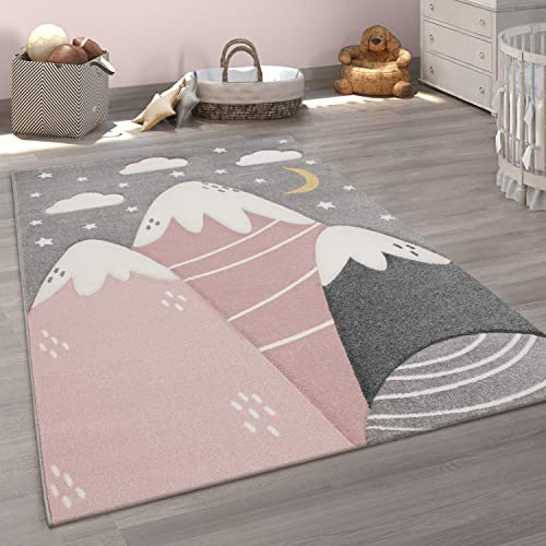 Paco Home Teppich Kinderzimmer Kinderteppich Spielteppich Junge Mädchen 3D Optik Modern Pastell Berge Wolken Sterne, Grösse:240x340 cm