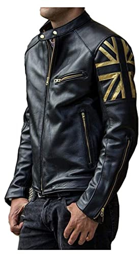 MAXDUD Veste en cuir de moto Café Racer vintage pour homme avec drapeau britannique Union Jack, Noir – Cuir synthétique., L