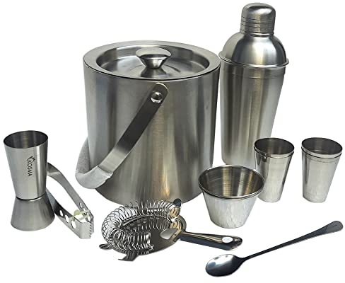Kosma 12 Piece Stainless Steel Barware Set | Cocktail Shaker, Ice Bucket, Ice Tong, Bar Strainer, Jigger, Bar Spoon, Shot Glass x 4 & Snack Bowl | Celebration Set