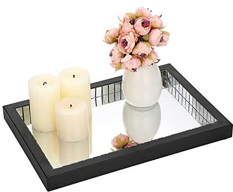 Hipiwe Glasspiegel Schminktisch Tablett Schwarz Holz Parfüm Tablett Make-up Kosmetik Organizer Tablett Schmuckdisplay Tablett Kerzentablett für Kommode Badezimmer Arbeitsplatte Couchtisch Home Docor