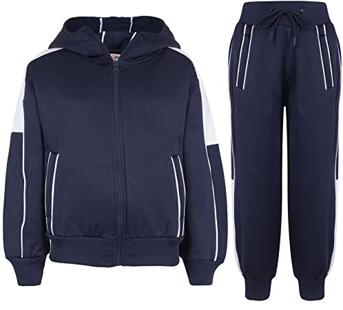 A2Z 4 Kids Girls Boys Tracksuit Plain Zipped Contrast Panelled Hooded - T.S 116 Navy 11-12