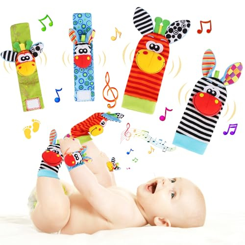 4-in-1 Baby Spielzeug: Plüschtiere Handgelenk Rassel und Socken Rassel für 1-12 Monate Neugeborene Mädchen und Jungen - Nettes Tier Entwicklungs-Spielzeug Geschenk