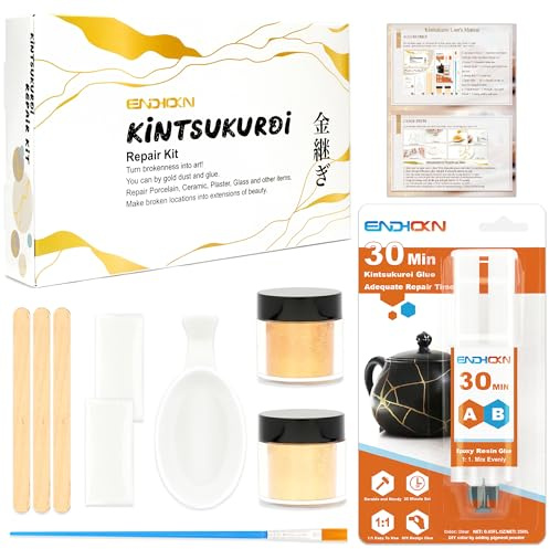 Endhokn Keramik Reparaturset Gold - Anfänger Kintsukuroi DIY Art Kit Und Geschenk-Set - 25ml Goldkleber für Reparatur und Verschönerung von Porzellan, Gips, Glas, etc