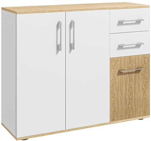 HOMCOM Aparador de Salón Moderno Aparador de Cocina con 2 Cajones 2 Armarios y Estantes Ajustables para Dormitorio Comedor Recibidor 90x30x75,5 cm Blanco y Natural