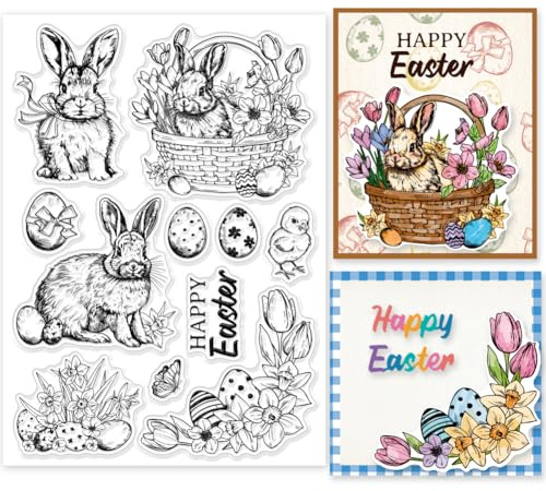 INFUNLY Vintage-Kaninchen-Klarstempel Fröhliche Ostern Worte Transparente Stempel Eier Gummistempel Blumen Silikonstempel Retro-Hase Transparenter Stempel Für Die Kartenherstellung Hühnerstempel Für