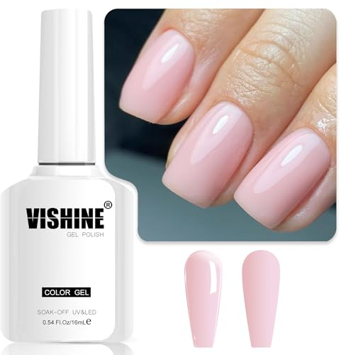 Vishine Sheer Light Pink Gel Nail Polish, 16ml Jelly Milky White Peach Translucent UV Light Cure Gel Polish for Nail Art DIY Manicure and Pedicure at Home Color E023