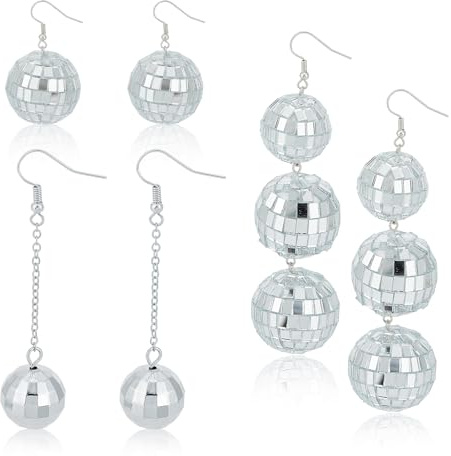 NICENEEDED 3 Paar Disco-Kugel-Ohrringe, 60'S Silberne Spiegel-Disco-Kugel-Tropfen-Ohrhänger, Spiegelkugel-Punk-Schmuck-Ohrringe