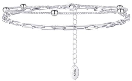 Epinki Damen Armband 925, Doppelschicht Ketten mit Kugel Armreifen Freundschaftsarmbänder 925 Sterling Silber, Wickelarmband, Silber, 21.5CM