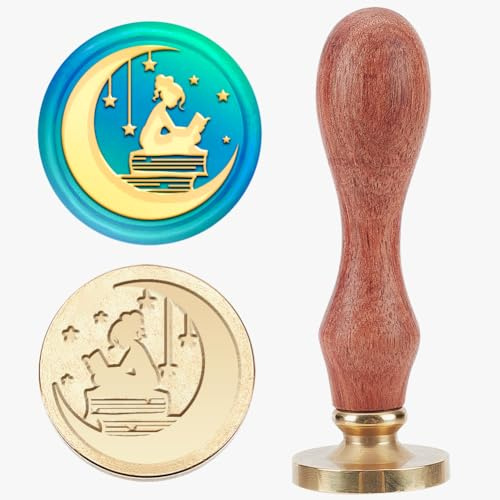 MAYJOYDIY Moon Book Lady Wax Seal Stamp 25mm Moon Star Women Sealing Wax Stamps Brass Removable Heads Wood Handle for Gift Wrapping Envelopes Cards Letters Wine Packages Decoration