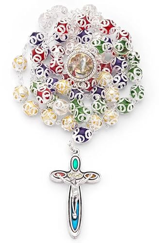 Mondo Cattolico - Rosario católico de los cinco continentes con centro de mesa que contiene agua bendita y cuentas de cristal - Ideal para regalos religiosos