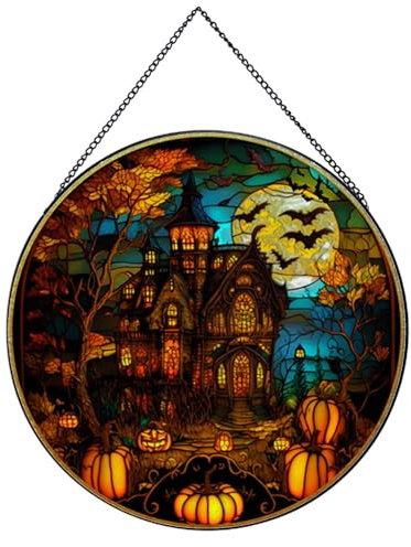 Payutou Moon Castle Bat Pattern Suncatcher Stained Glass,Hanging Stained Glass for Windows for Bird Lovers,20cm/7.87inch Sun Catcher Garden Hangings Ornaments Halloween Fall Christmas Decor for Home