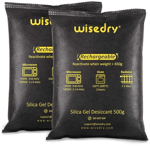 Wisedry 500 g x 2-pack Silikagel-paket Stora Silikagel-påsar för kläderförvaring, mikrovågssäker, snabb återaktivering Fuktabsorberare för förvaringslådor