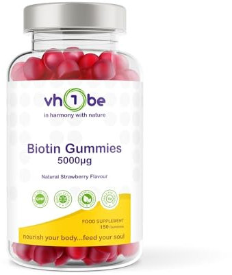 Biotin Gummies 10000mcg Per Serving – 150 High Strength Vitamin B7 for Hair Growth, Skin & Energy Support | Natural Strawberry Flavour Biotin Supplement | Vegan Hair Gummies by vh1be