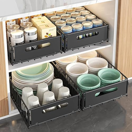 Hykiee 4 Stück Ausziehbare Schublade Küche, Teleskopschublade Inside Out Schrank Organizer Küche, Pull Out Metall Schubladen Küchenschrank Cabinet Organizer Ohne Bohren Schwarz (25 B x 38 T x 10 H CM)