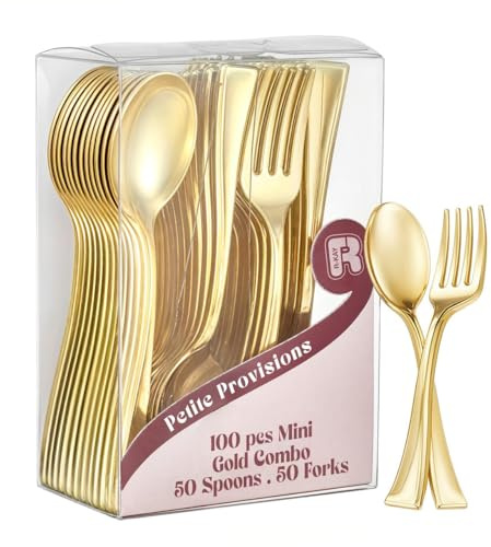 100 Combo Pack 50 Gold Mini Forks And 50 Gold Mini Spoons 4 Inch Dessert Forks And Spoons - Heavy duty Mini Cutlery, Tastings, Cocktails, Dessert Cups.