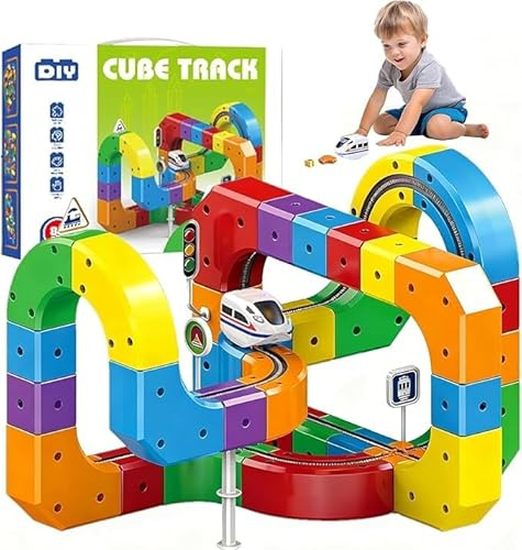Juego de tren eléctrico Clickrail de 81 piezas, juguete de tren de fusión de pista, juego de tren de cubo de carril mágico, diseños integrados 3D que desafían la gravedad y coche motorizado, juguetes