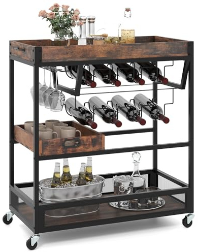 COSTWAY Carrito de Cocina, Carrito de Servicio con Ruedas de 3 Niveles con Estantes para 8 Botellas de Vino y 4 Copas, Carro Rodante con Bandeja Extraíble para Cocina, Comedor, 80,5 x 40,5 x 90 cm