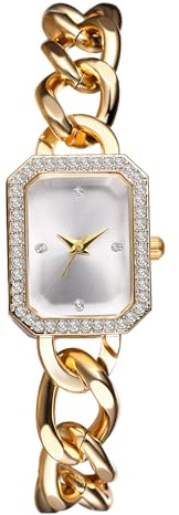 JewelryWe Montre Femme Rectangulaire Fantaisie: Montre Analogique Quartz avec Cadran Minimaliste IIndex Dimant Strass et Bracelet Chaîne Aciei Inoxydable Ajustable - Cadeau Élégant Anniversaire