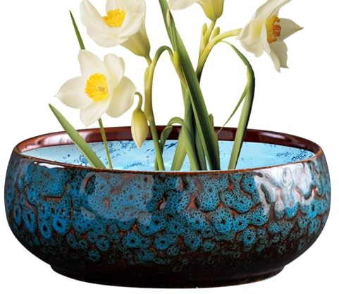 Bonsaischale – Blaues rundes -Lilien-Becken, Retro-Keramik, Tischdekoration für den Innenbereich, dekorativer Blumentopf für den Außenbereich