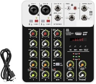 POOIQX Consola mezcladora de DJ V4, mezcladora de 4 Canales, portátil, alimentación Fantasma de 48 V, USB, con Tarjeta de Sonido for PC, grabación y Canto,Compatibilidad Universal(V4 White Type)