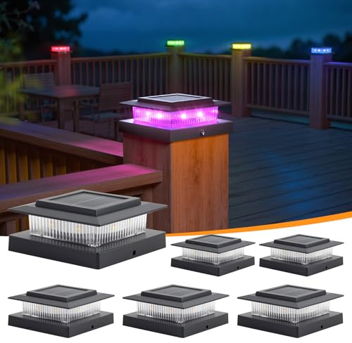 APONUO 6 Pack Solar Post Cap Lights RGB Color Changing - 8 Solid Colors & Flowing Multicolor, IP65 Waterproof for 4x4 Wood/Vinyl Posts, Auto On/Off Deck Fence Patio Garden Lighting, Black