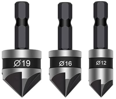 3 Pcs Countersink Drill Bit,Set Counter SinkBits Wood Countersunk Chamfer Tool Sink 90 Degree Adaptor Trend Carbide Tipped Depth Flute Hex Shank 12MM 16MM 19MM,for Hinge Kit Metal WoodWorking Stopper