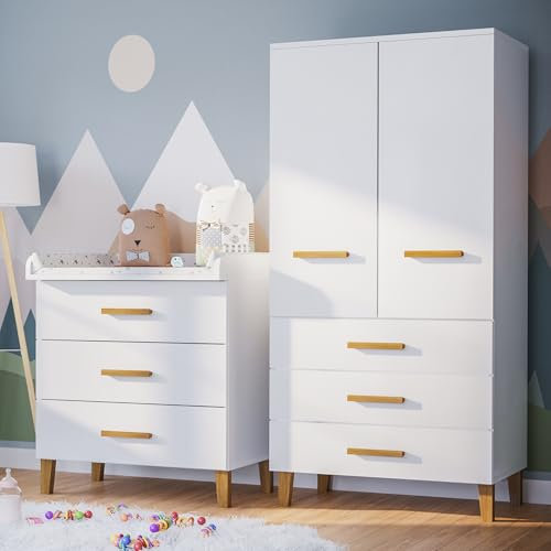 Bellabino Liri Kinderzimmer Set – 2-teiliges Babyzimmer Set mit Kinderkleiderschrank & Wickelkommode in Weiß/Natur – Wickeltisch mit abnehmbaren Wickelaufsatz & Kleiderschrank für Kinderzimmer