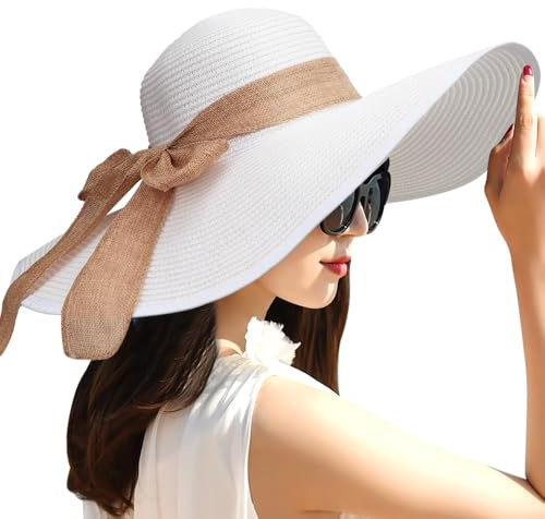 DRESHOW Damen Breit Krempe Strohhut Faltbar Schutz Strandhut Elegant Sommer Hut Sonnenhüte UPF 50+
