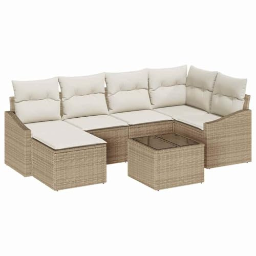 vidaXL Trädgårdsmöbelset med kudde 7 pcs Beige och gräddfärgad, Trendigt trädgårdsoffa, modern utemöbel, väderbeständig, fyrkantig sektion, med förvaringsutrymmen