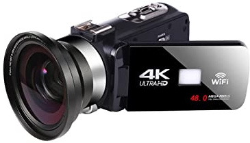 AUBEST Videocamera, Videocamera 4K con Microfono 4 8MP. Vlogging for la Registrazione della videocamera del Touch Screen di Registrazione di Registrazione Video WiFi(16GB SD Card,Cam Lens)