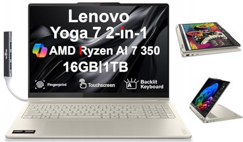 Lenovo Yoga 7 - Laptop 2 en 1 con pantalla táctil OLED WUXGA de 14 pulgadas (AMD Ryzen AI 7 350, 16 GB LPDDR5X, 1 TB SSD, retroiluminación KB, huellas dactilares, WiFi 7, cámara web, Win 11 Home) con