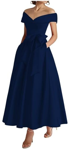 Robes de mère de la mariée en satin à épaules dénudées longueur thé robe d'invitée de mariage formelle avec nœud, bleu marine, 38